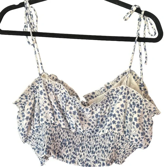 Princess Polly Blue Floral Smocked Crop Top Tie Strap Ruffle Cottagecore Size 12 - Picture 2 of 5